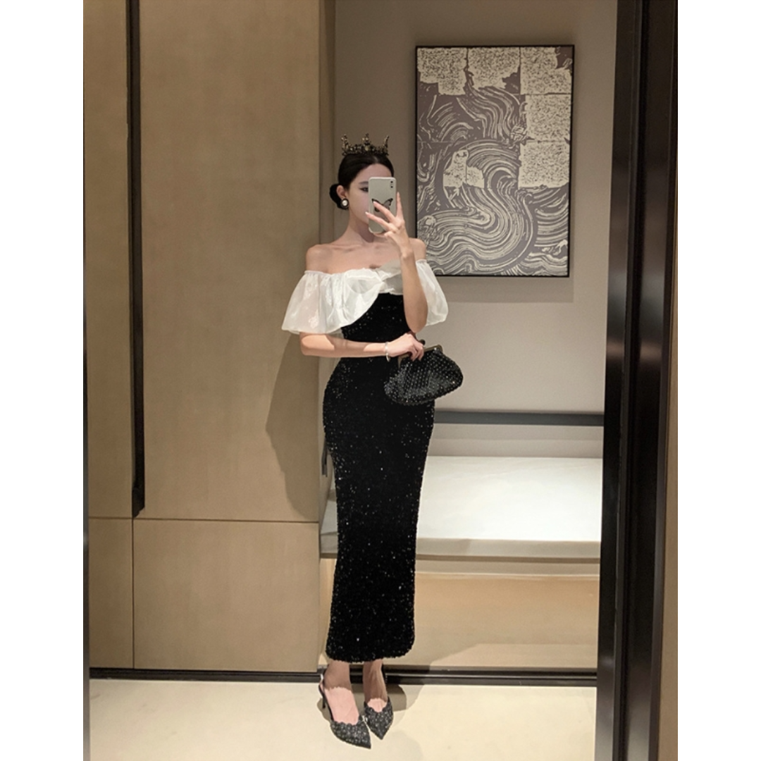 セクシーオフショルダーモノクロドレス　Q31＃