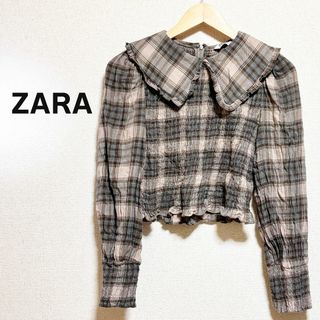ザラ(ZARA)のZARA　ザラ　ブラウス　チェック　長袖　茶色　ギャザー　バックチャック　襟付き(シャツ/ブラウス(長袖/七分))