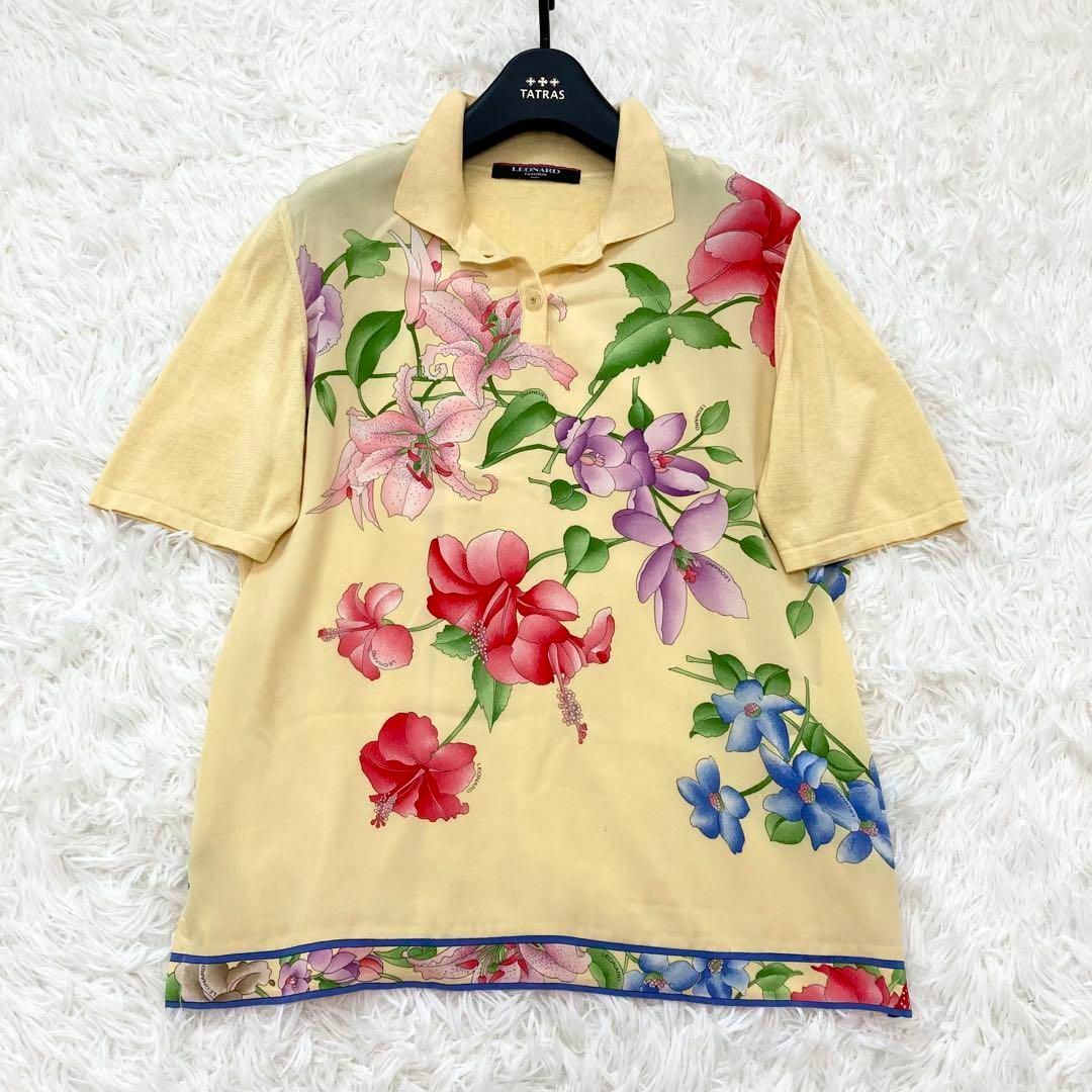 LEONARD ポロシャツ 花柄 トリム 半袖 シルク混 サイズL LEONARD ポロシャツ 花柄 トリム 半袖 シルク混 サイズL