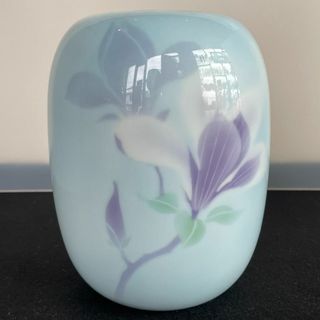 フカガワセイジ(深川製磁)の深川 製磁 花瓶 木蓮 もくれん 平和型 6号 花生 花文 水色 ブルー 美品(花瓶)
