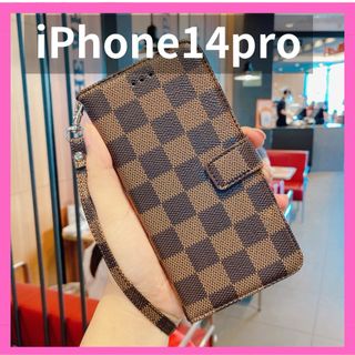 iPhone14pro スマホケース 格子柄 チェック柄 ブラウン 手帳型 茶色(iPhoneケース)