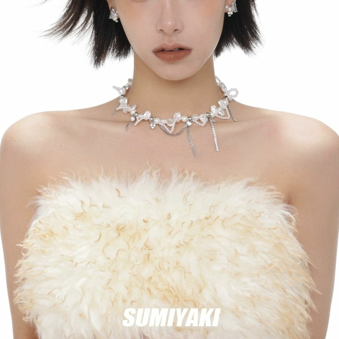EMODA - SUMIYAKI 立体 パール ショートネックレス シルバー クリスタル