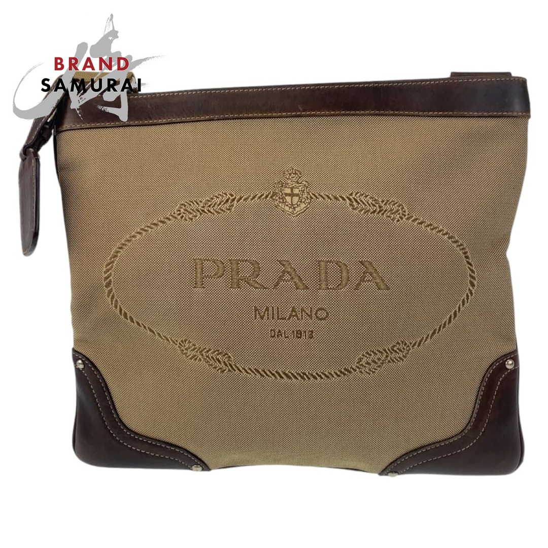 美品 PRADA プラダ ロゴジャガード ベージュ ブラウン シルバー 美品 PRADA プラダ ロゴジャガード ベージュ ブラウン シルバー