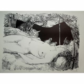 真作　藤田嗣治　夢　1947年　50/78　リトグラフ　直筆サイン　大判　額装(版画)