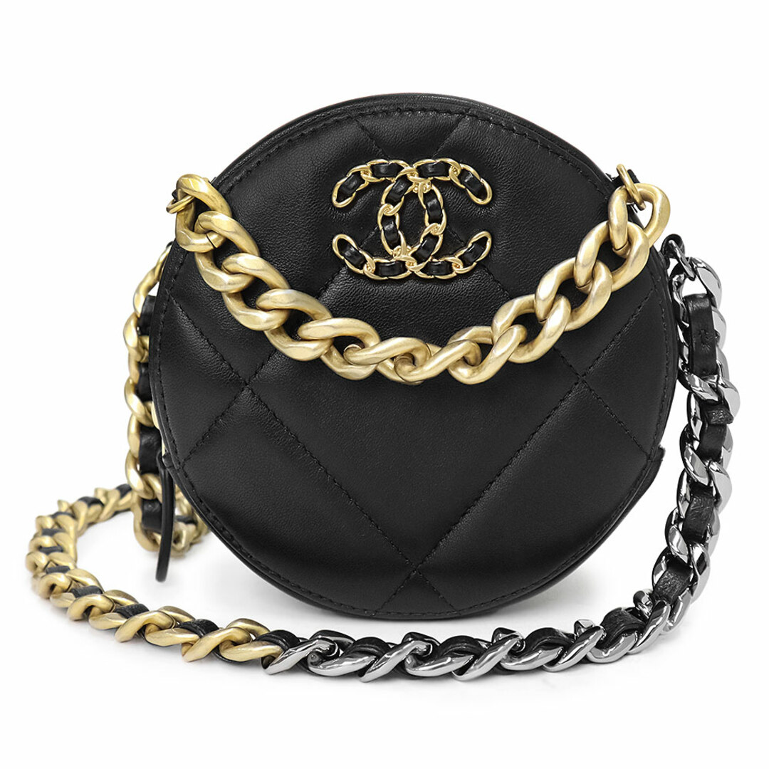 CHANEL - シャネル 19 ナインティーン ラウンド クラッチ マトラッセ チェーン ココマーク ポシェット ポーチ ショルダーバッグ 斜め掛け ラムスキン レザー ブラック 黒 アンティークゴールド シルバー金具 AP0945 箱付 CHANEL（未使用　展示品）