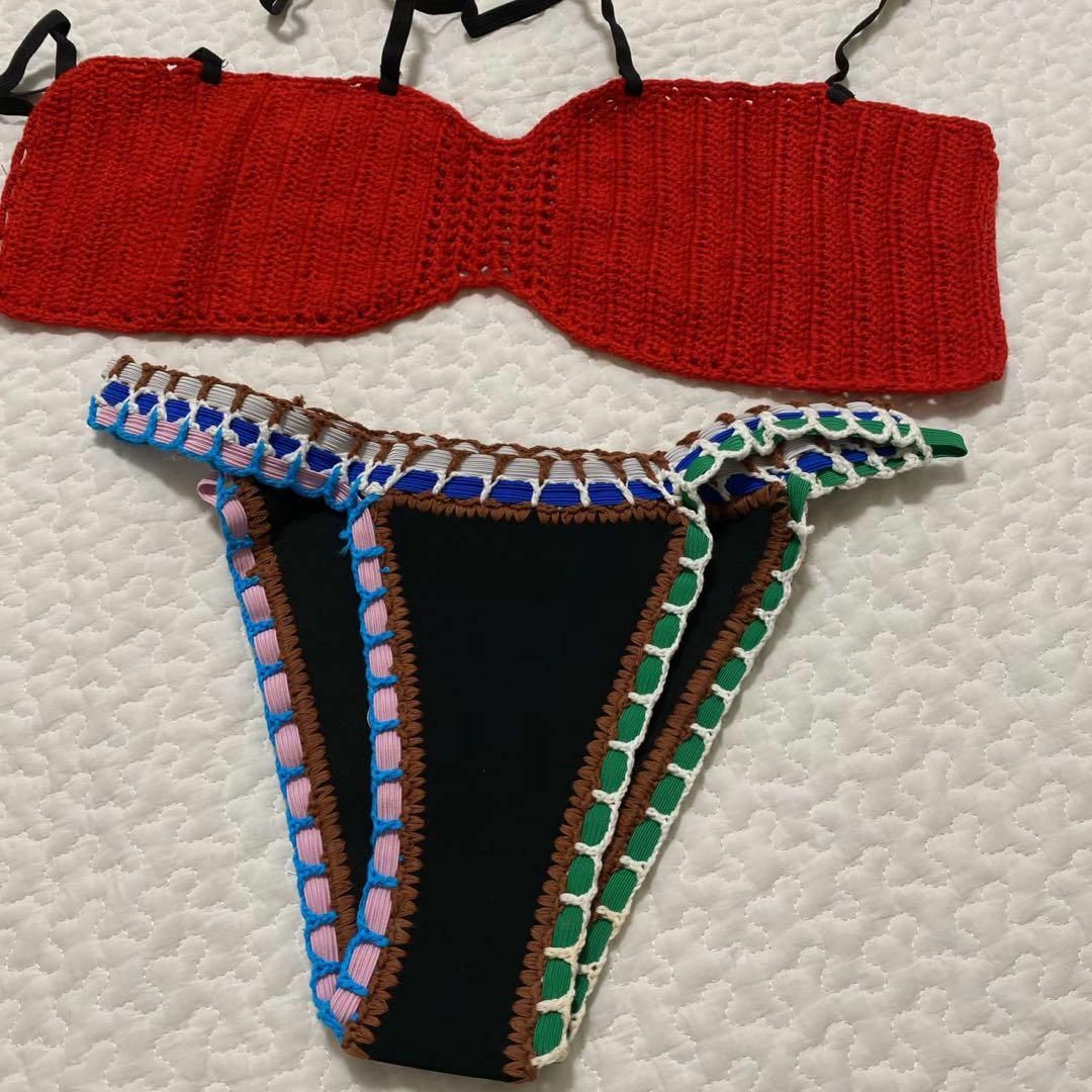水着 ビキニ レディース M ブラジリアン セクシー かぎあみレッド レディースの水着/浴衣(浴衣)の商品写真