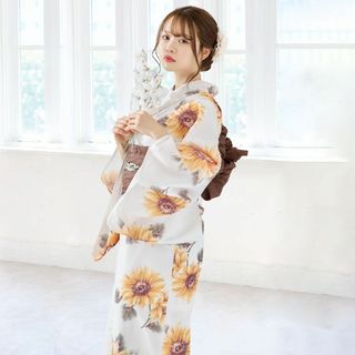 アンダンテ(ANDANTE)の新品 4点 浴衣 セット 浴衣セット ゆかた 向日葵 レディース 白 4Y-53(浴衣)