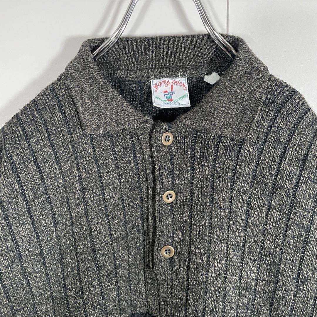 イタリア製、デザインニットポロ】vintage古着90s一点ものビッグ刺繍 イタリア製、デザインニットポロ】vintage古着90s一点ものビッグ刺繍