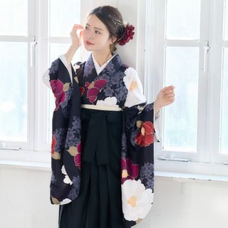 新品 袴3点セット 卒業式 小学生 大学生 袴セット レディース ブラック 椿(着物)