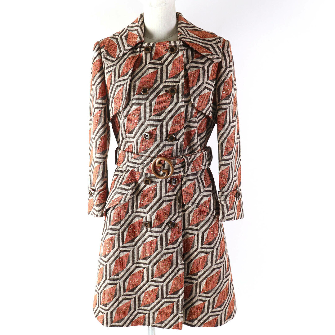 GUCCI - 極美品△GUCCI グッチ 643299 ZAF5E インターロッキングGウッドバックル 総柄 ベルテッドコート オレンジ ブラウン ベージュ 38 ハンガー付き イタリア製 正規品 レディース オススメ◎