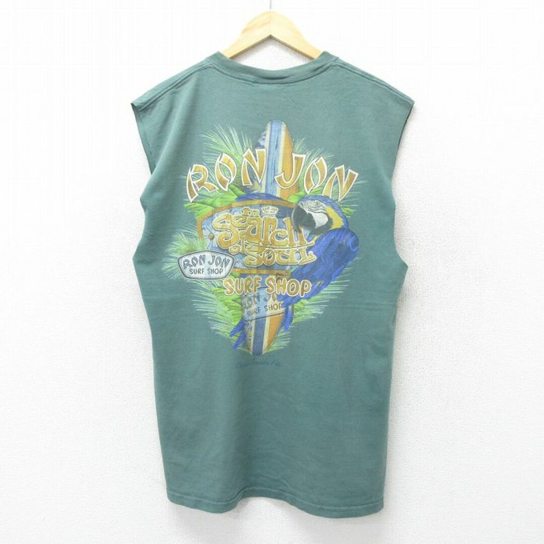 XL★古着 ロンジョン ノースリーブ ビンテージ Tシャツ メンズ 00年代 00s サーフボード コットン クルーネック 緑 グリーン 24jun27 中古 メンズのトップス(タンクトップ)の商品写真