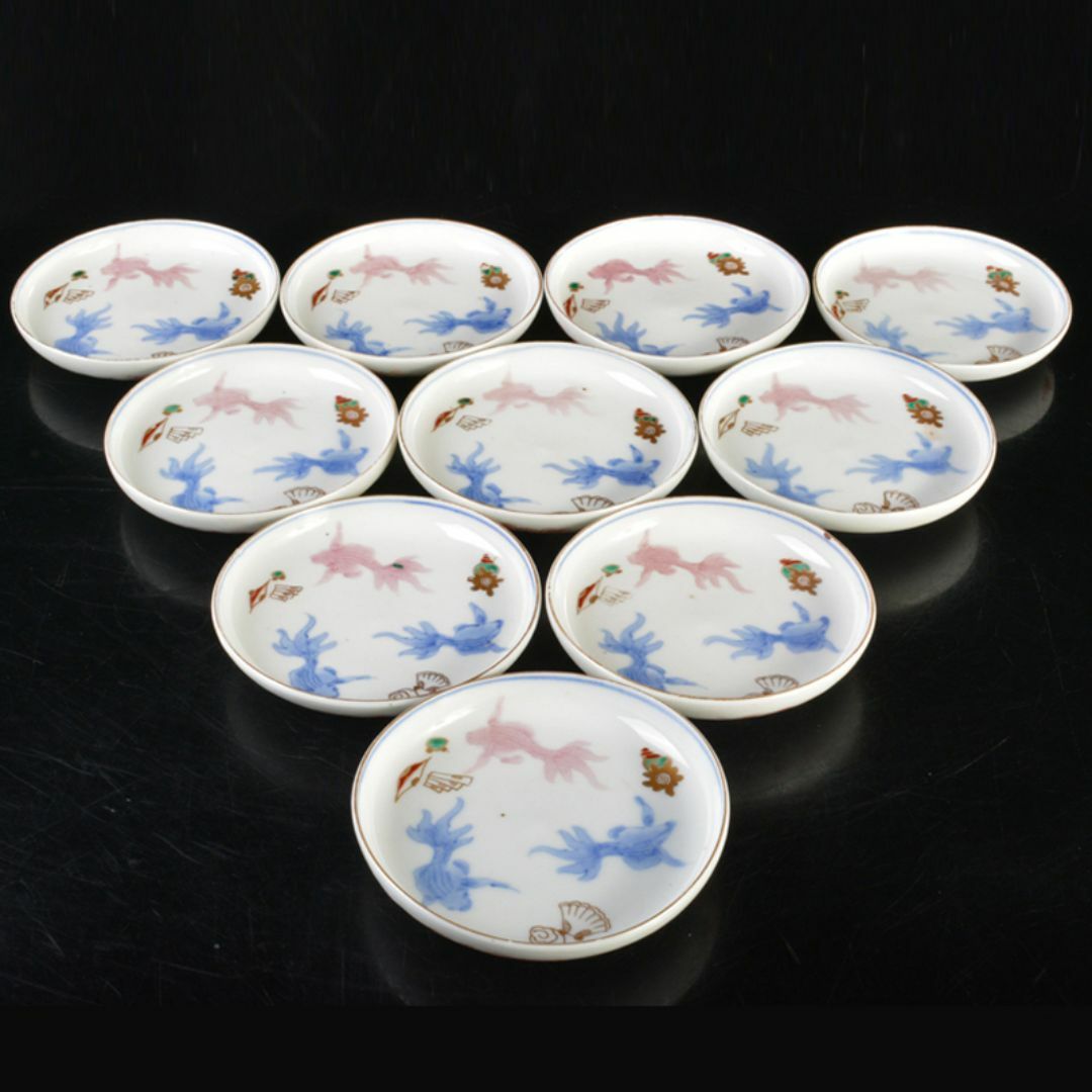 瀬戸焼 古瀬戸 錦手 金魚文 小皿 手塩皿 十客 C R7290 瀬戸焼 古瀬戸 錦手 金魚文 小皿 手塩皿 十客 C R7290