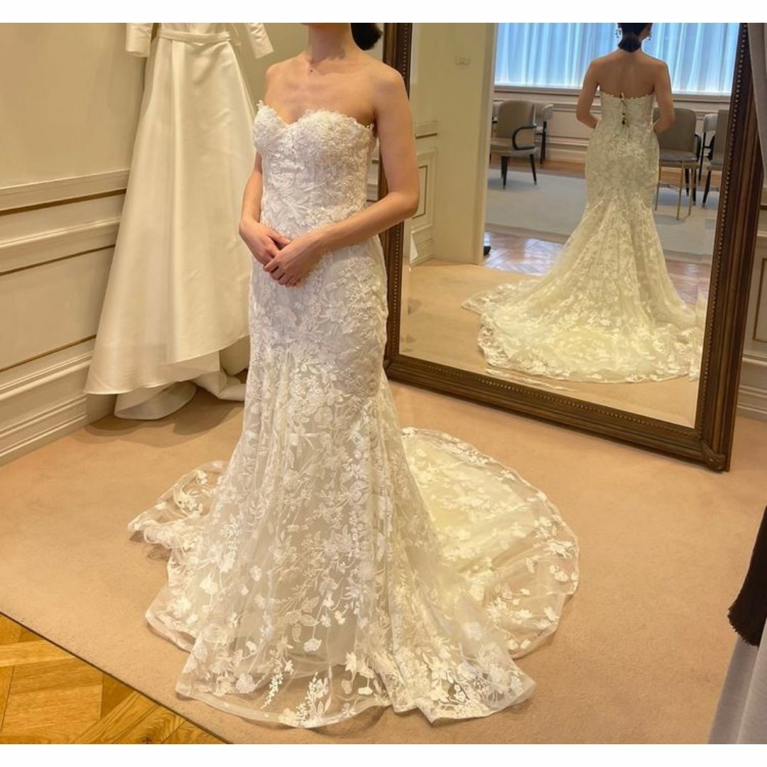ウェディングドレス ベアトップ マーメイドライン 贅沢な小花総レース 結婚式