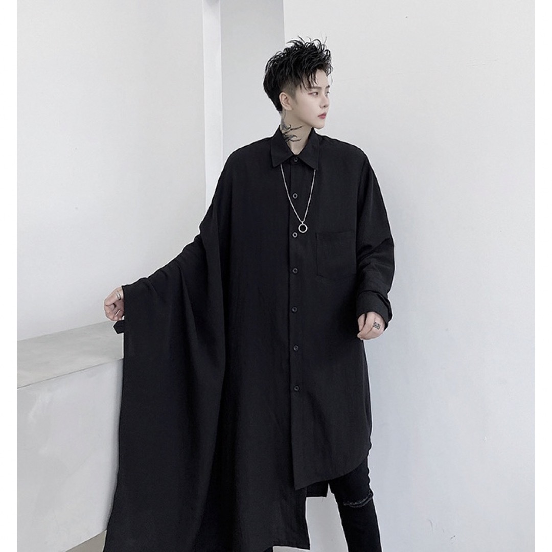 【新品】変形シャツ★ユニセックス★ロングシャツ★ブラック