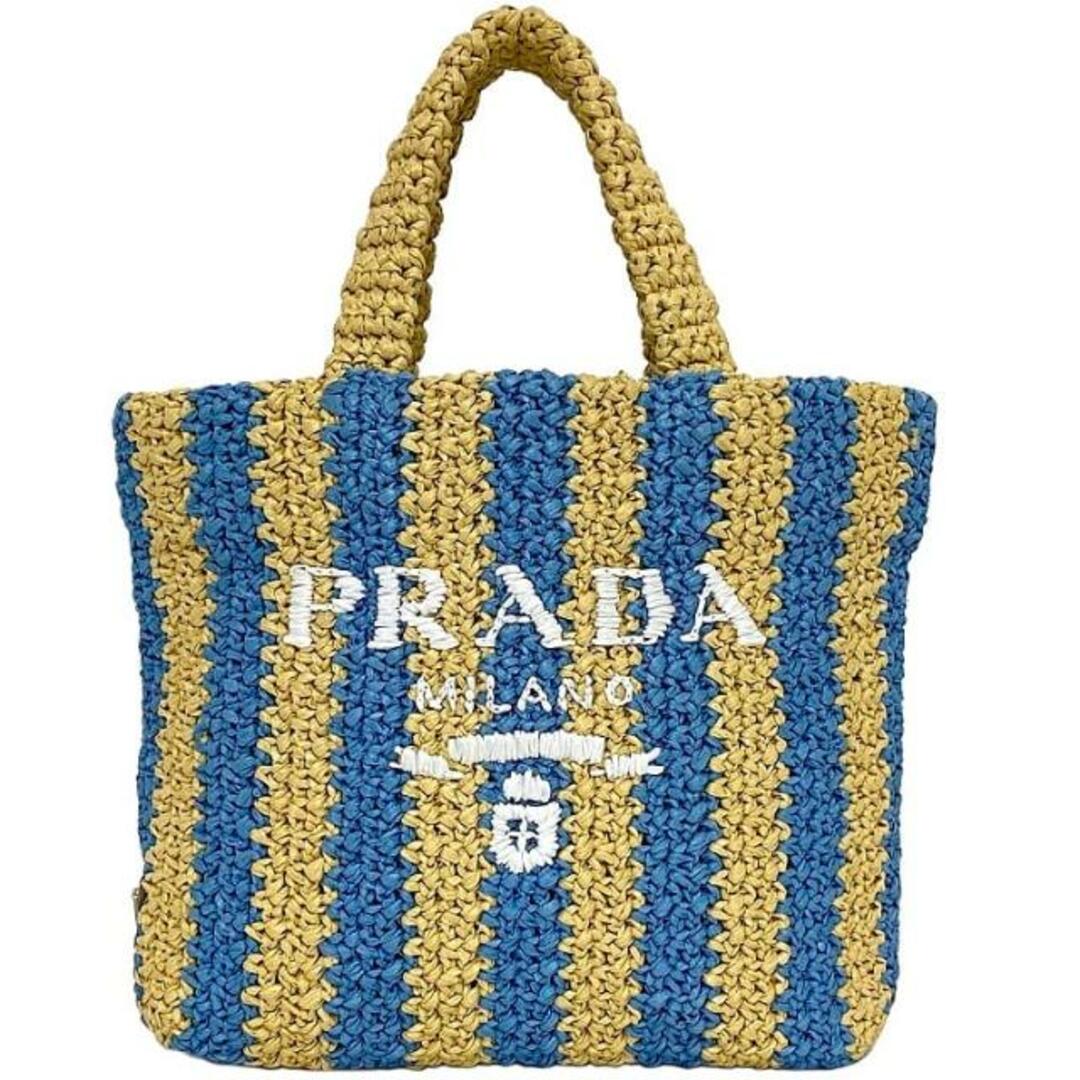 PRADA - プラダ トートバッグ ベージュ ブルー ストライプ PRADA - プラダ トートバッグ ベージュ ブルー ストライプ