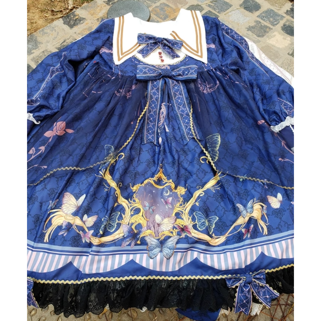 オリジナル Lolita 日常 長袖 ロリータ ワンピース 紺色 L140