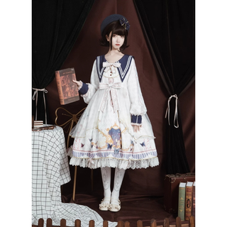 オリジナル Lolita 日常 長袖 ロリータ ワンピース ホワイト　L140＃(衣装)