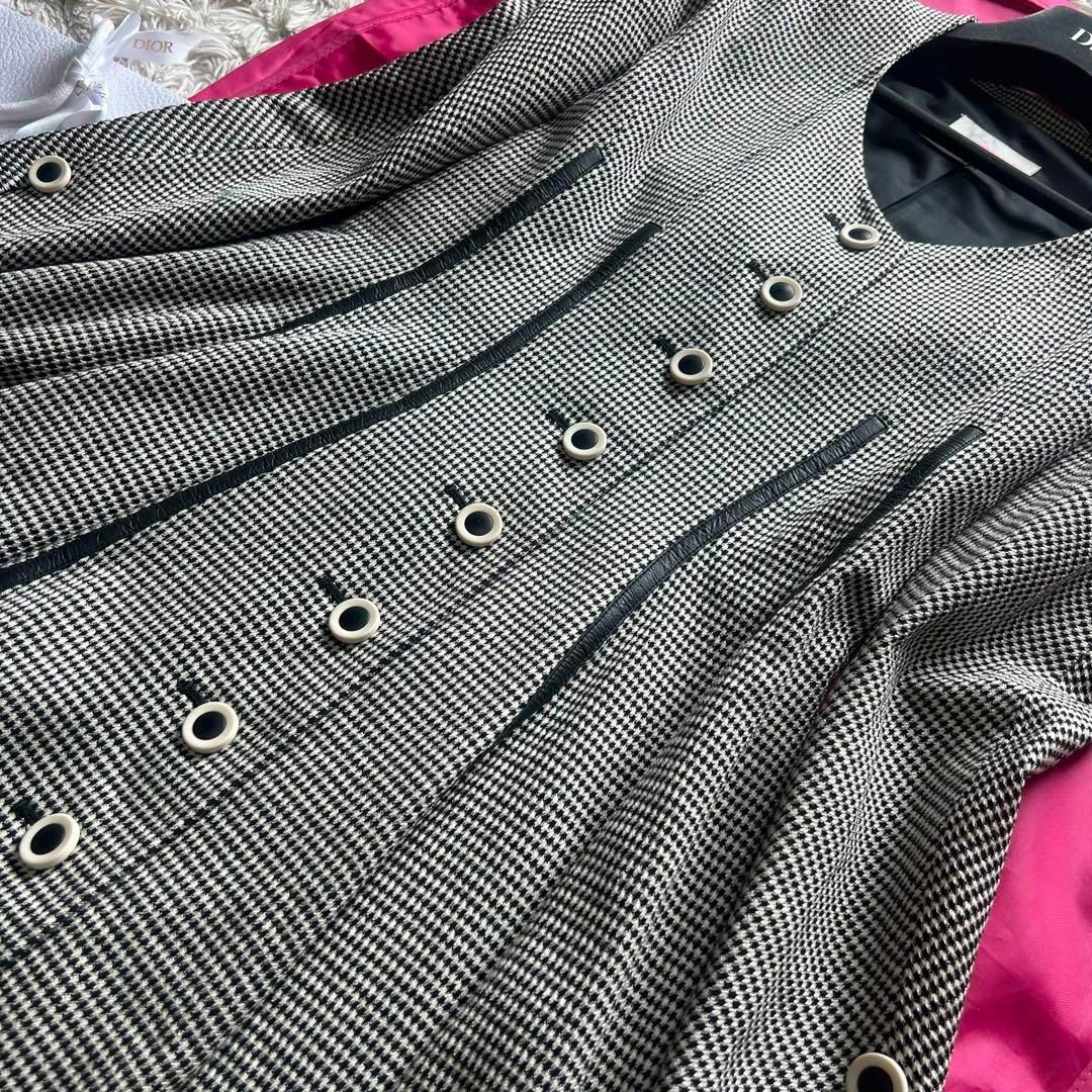美品】Christian Dior 千鳥柄ワンピース 膝丈 グレー L 長袖 美品】Christian Dior 千鳥柄ワンピース 膝丈 グレー L 長袖