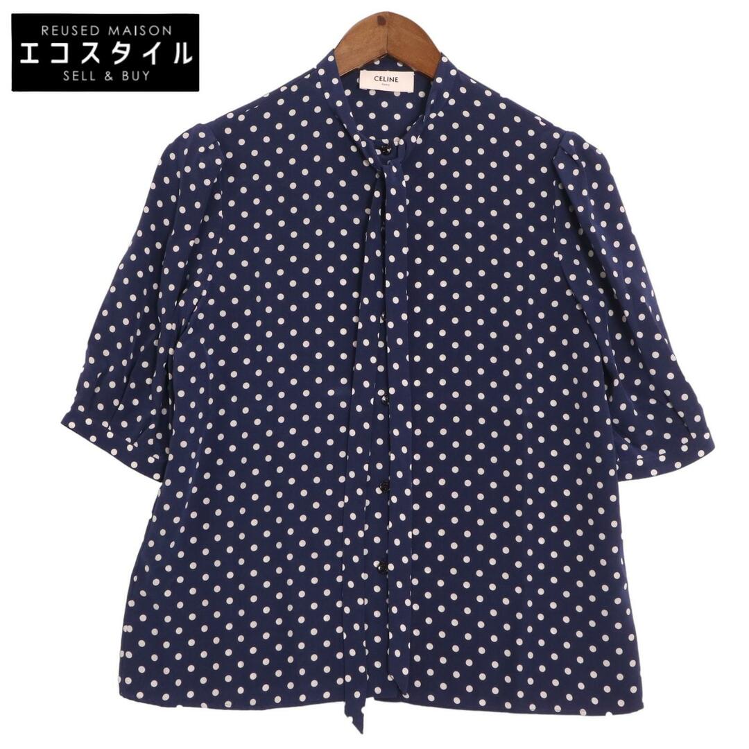 CELINE - セリーヌ ネイビー 2B243966H シルク ポルカドット ボウタイシャツ 34の CELINE - セリーヌ ネイビー 2B243966H シルク ポルカドット ボウタイシャツ 34の