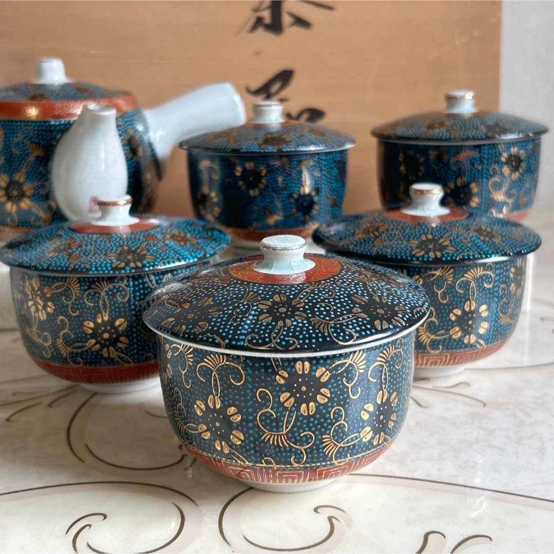 九谷青窯 - 九谷焼 覚山造 青粒鉄仙 茶器揃 急須 蓋付き湯呑み 5 九谷青窯 - 九谷焼 覚山造 青粒鉄仙 茶器揃 急須 蓋付き湯呑み 5