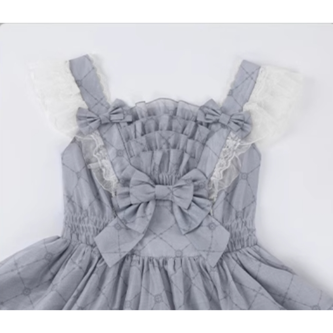 オリジナル リボン付き 菱形プリント 三段 ロリータ ワンピース　L143＃ オリジナル リボン付き 菱形プリント 三段 ロリータ ワンピース
