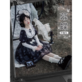 オリジナル 日常 lolita 刺繡入り 蝶プリントワンピース　L145＃(ひざ丈ワンピース)