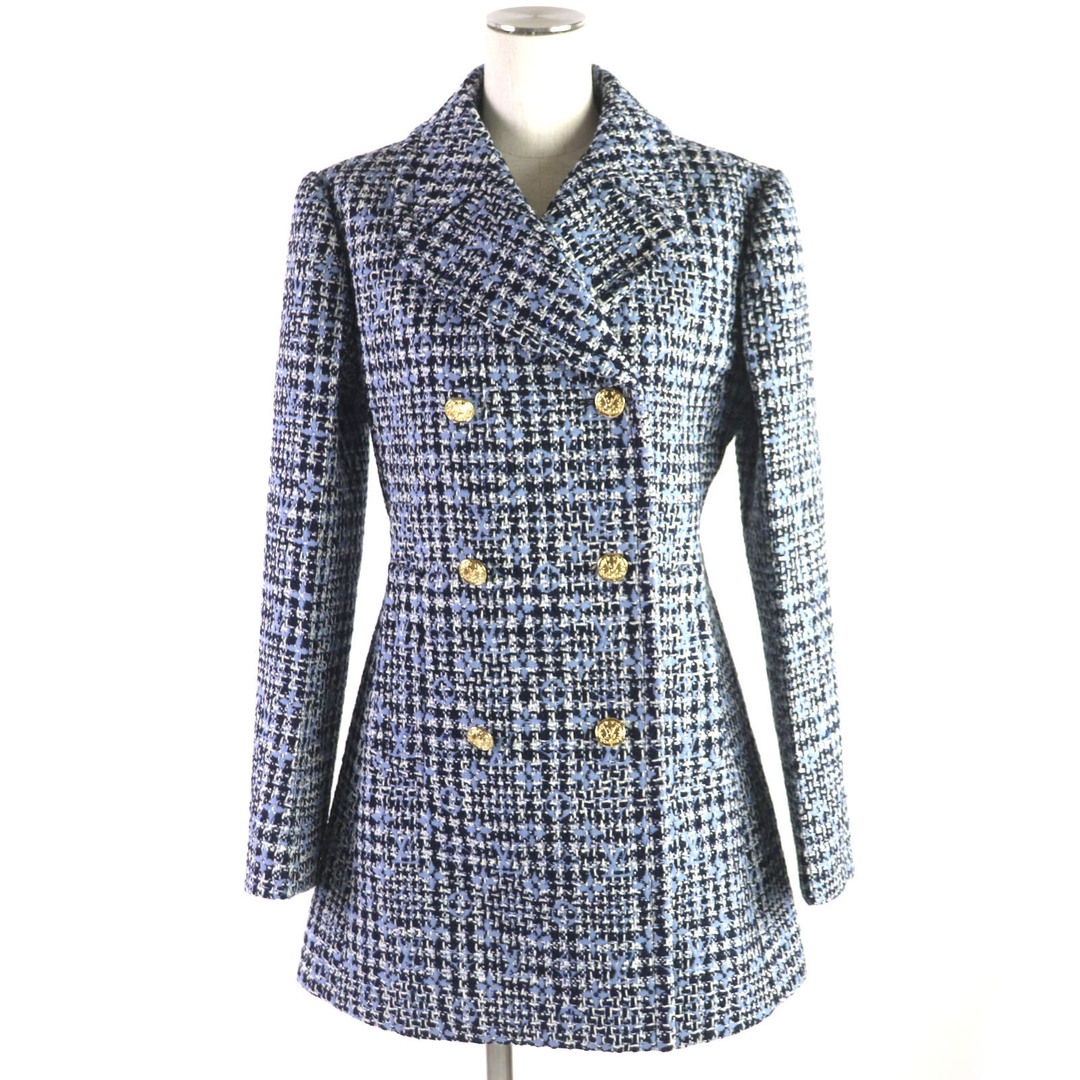 LOUIS VUITTON - 極美品▼LOUIS VUITTON ルイヴィトン 22SS ウール モヘア モノグラム チェック柄 LV金ボタン ダブルブレスト ツイードジャケット ピーコート ライトブルー ネイビー 38 フランス製 正規品 レディース