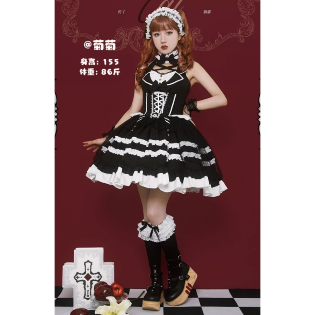 オリジナル 白黒エレガント 古早doll感 ロリータ ワンピース L156＃