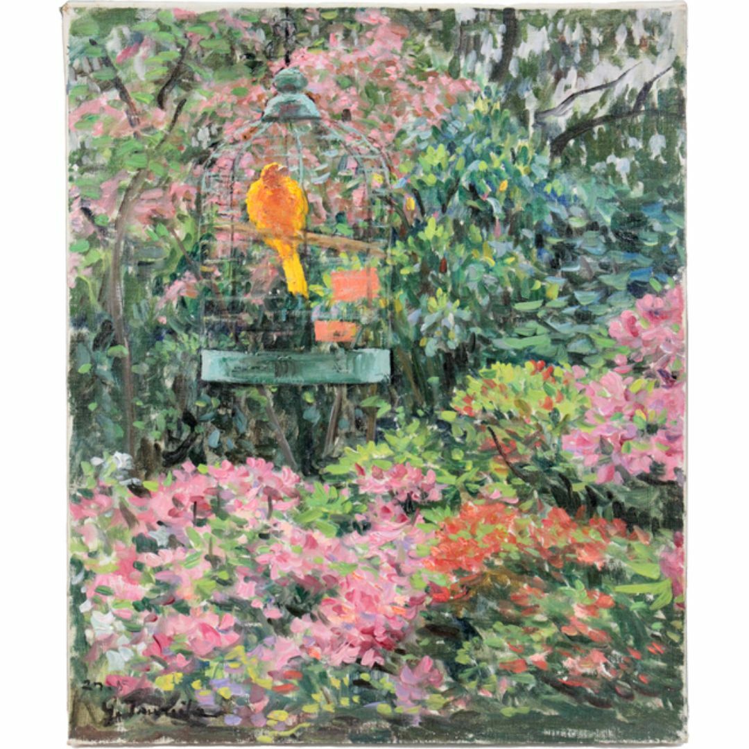 鶴田吾郎 油絵・油彩画『花とカナリヤ』【真作保証】 絵画 鶴田吾郎 油絵・油彩画『花とカナリヤ』【真作保証】 絵画
