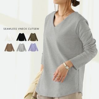SUNFLOWER Vネック カットソー縫い目のない首ライン　ブラック　新品(カットソー(長袖/七分))