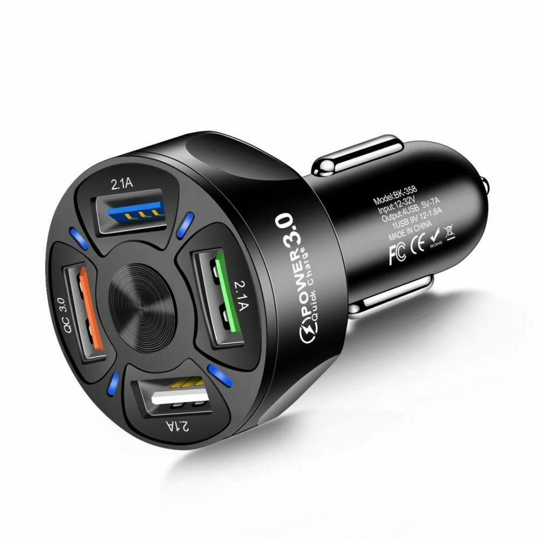 シガーソケット 4ポート USB 充電器 急速充電 QC3.0対応 カー用品 黒 自動車/バイクの自動車(車内アクセサリ)の商品写真