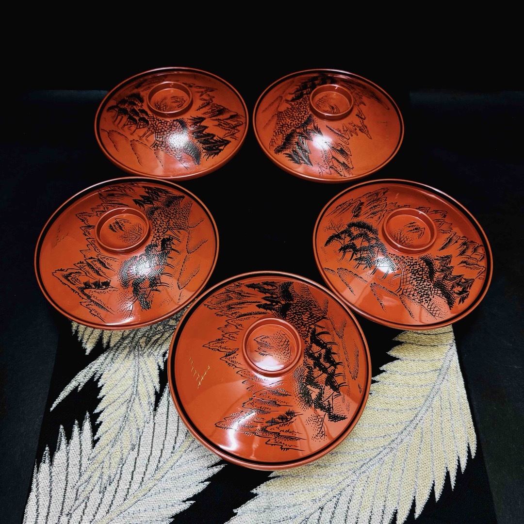 未使用】輪島塗 堂畑勝峯 溜塗 紅葉蒔絵 煮物椀 暗く 5客 平型 未使用】輪島塗 堂畑勝峯 溜塗 紅葉蒔絵 煮物椀 暗く 5客 平型