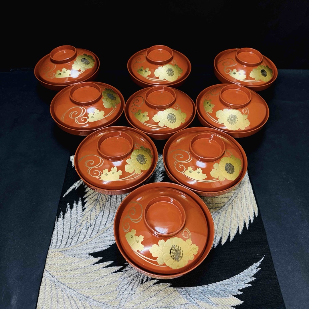 漆器 輪島塗 沈金 金蒔絵 木製 蓋付椀 お煮物椀 吸物椀 9客 漆器 輪島塗 沈金 金蒔絵 木製 蓋付椀 お煮物椀 吸物椀 9客