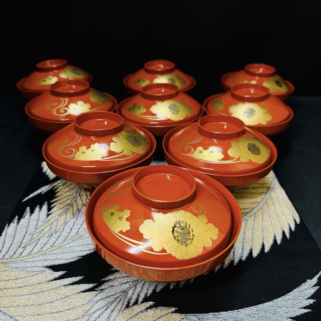 漆器 輪島塗 沈金 金蒔絵 木製 蓋付椀 お煮物椀 吸物椀 9客 漆器 輪島塗 沈金 金蒔絵 木製 蓋付椀 お煮物椀 吸物椀 9客