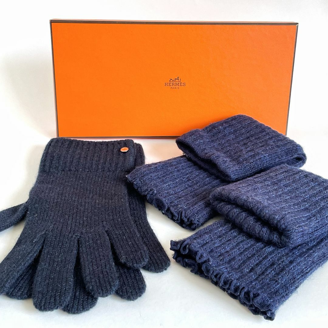 HERMES - 美品☆HERMES エルメス カシミヤ 手袋＆アームウォーマー 青 ブルー