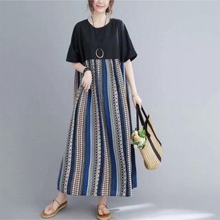 XXL ワンピース ロングワンピース マキシ ロングワンピ 切替 リゾート　c2(ロングワンピース/マキシワンピース)