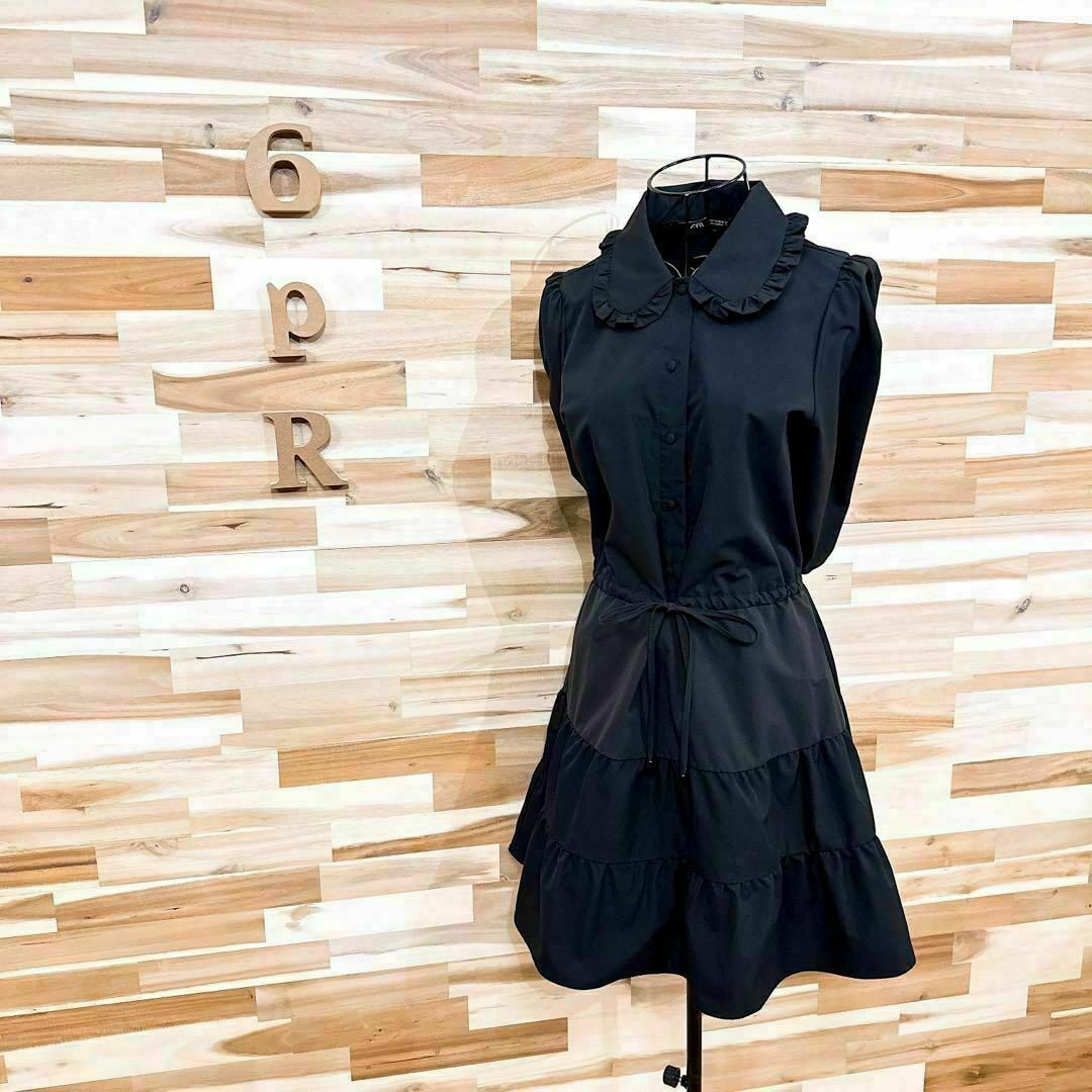 ZARA　ポプリン地ミニワンピース 　チュニックブラウス　レース　黒 ZARA - 【ザラ】ポプリン フリル ミニ シャツ ワンピース