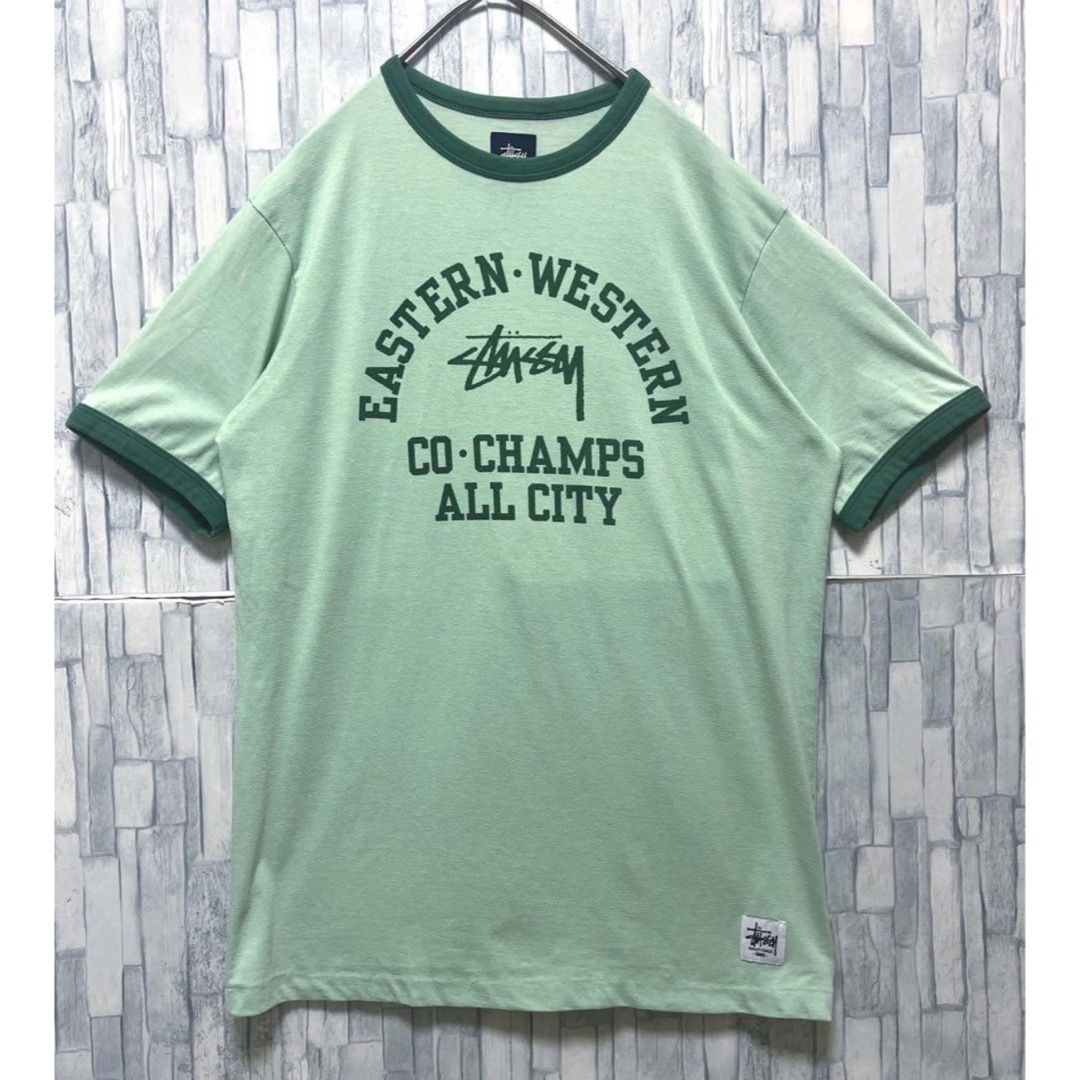 STUSSY - ステューシー グリーン 半袖 リンガーネックTシャツ STUSSY - ステューシー グリーン 半袖 リンガーネックTシャツ