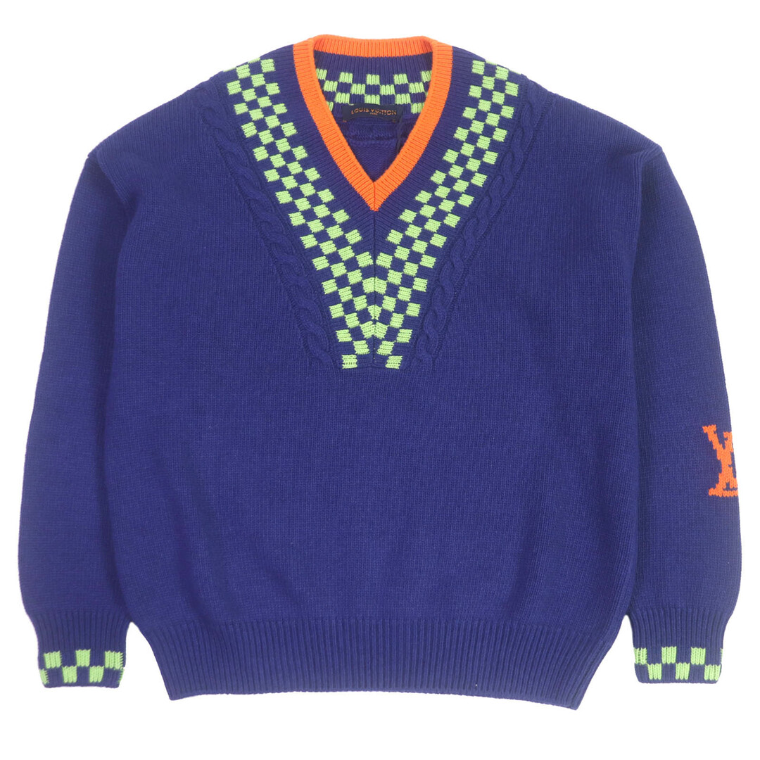 LOUIS VUITTON - 未使用品□LOUIS VUITTON ルイヴィトン 21SS ウール カシミヤ混 ダミエ ジャガード Vネック ロングスリーブ ニット セーター ブルー L イタリア製 正規品 メンズ