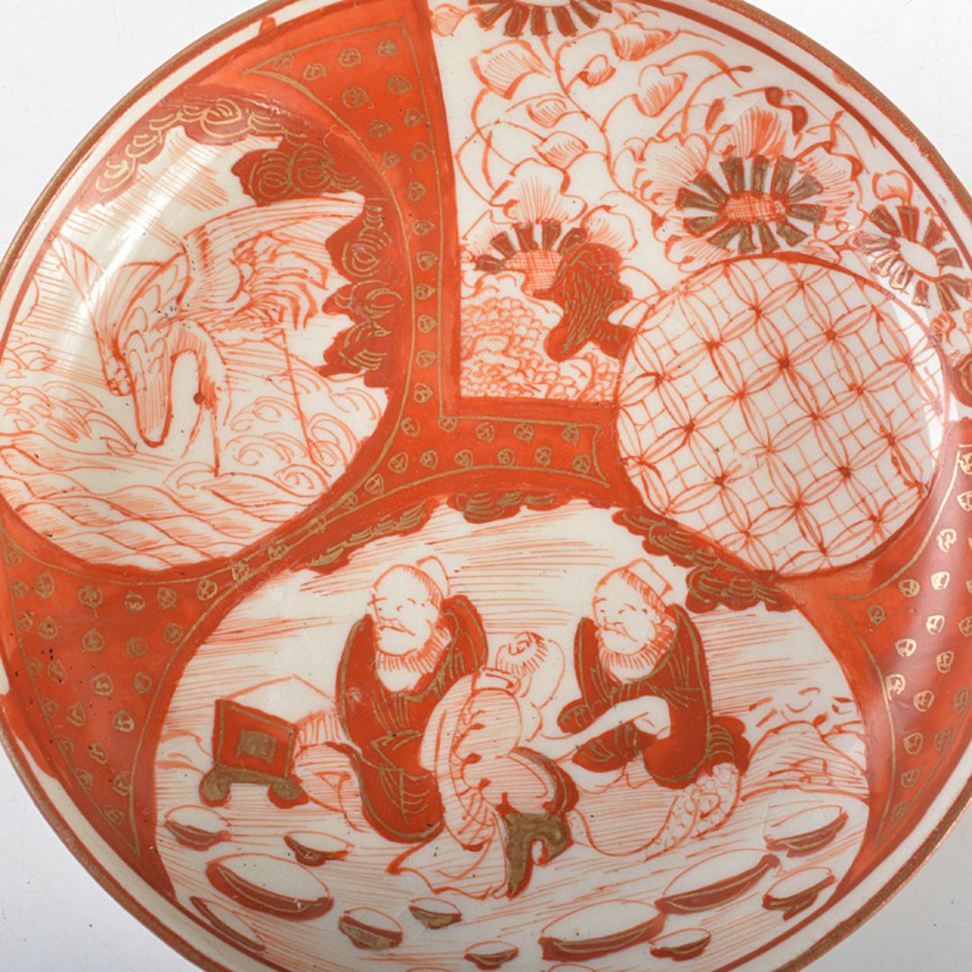 九谷焼 八郎手赤絵金彩 人物花文 手塩皿 小皿 20点 時代箱 S R3788