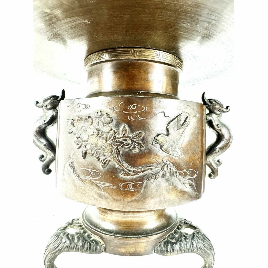 江戸時代 古銅 塗金 雙龍耳花鳥珍獣彫薄端 花器 置物 旧家蔵出 江戸時代 古銅 塗金 雙龍耳花鳥珍獣彫薄端 花器 置物 旧家蔵出