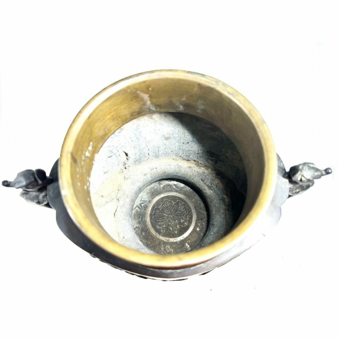 江戸時代 古銅 塗金 雙龍耳花鳥珍獣彫薄端 花器 置物 旧家蔵出 江戸時代 古銅 塗金 雙龍耳花鳥珍獣彫薄端 花器 置物 旧家蔵出