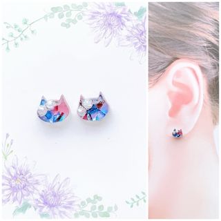 マーブルブルー×ピンクmix8mm猫ピアス/イヤリング(ピアス)