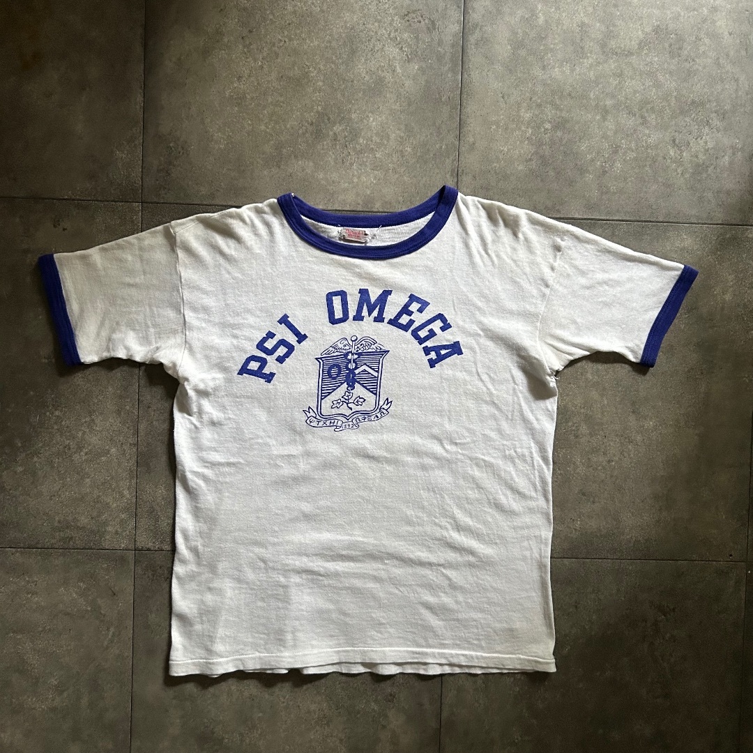 VINTAGE - 60s durack リンガーtシャツ USA製 L 白×紫 染み込みプリント