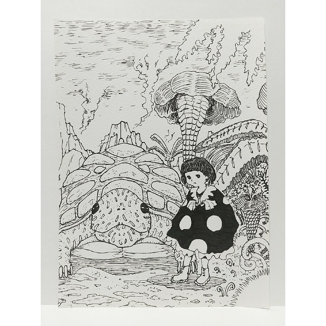 オリジナルイラスト 手描きイラスト 原始 ジャングル 亀 女の子 絵 原画 白黒 ハンドメイドのインテリア/家具(アート/写真)の商品写真