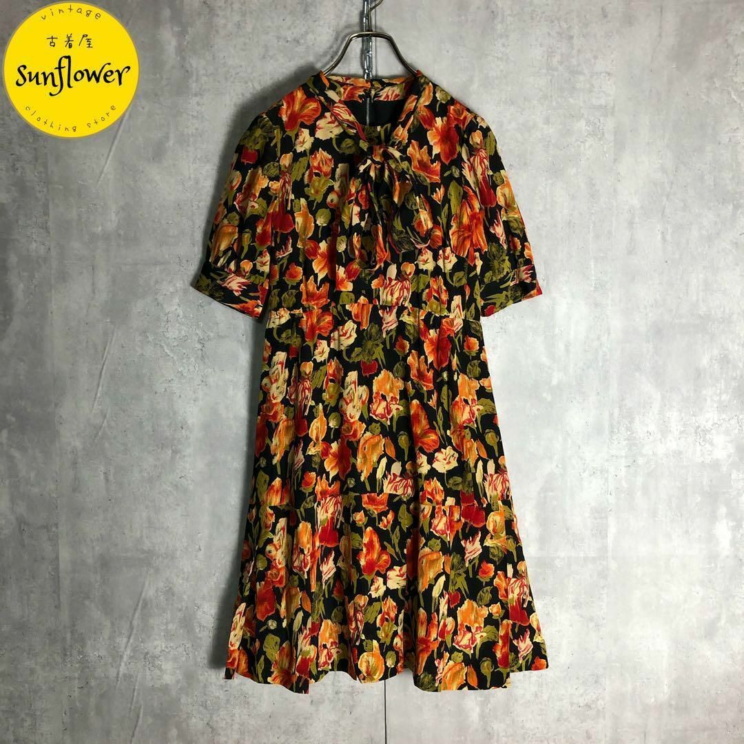 VINTAGE - 【ワンピース】ロング丈 花柄 アート柄 昭和レトロ VINTAGE - 【ワンピース】ロング丈 花柄 アート柄 昭和レトロ