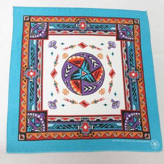中古 バンダナ 90年代 90s ネイティブ柄 ラグ柄 鳥 USA製 水色 中古 バンダナ 90年代 90s ネイティブ柄 ラグ柄 鳥 USA製 水色