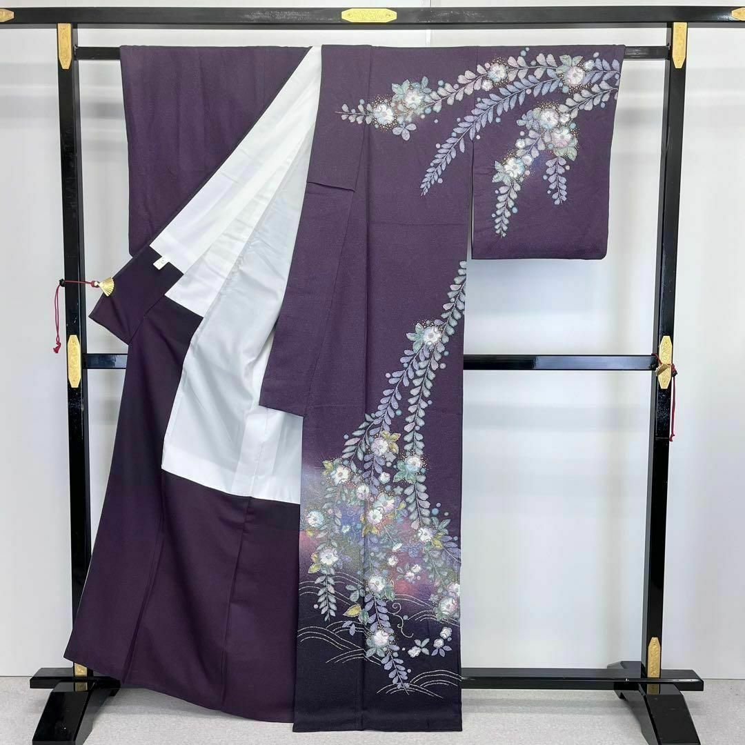 訪問着 美しい辻が花絞り パステル色の暈し 金彩 茄子紺色 K 訪問着 美しい辻が花絞り パステル色の暈し 金彩 茄子紺色 K