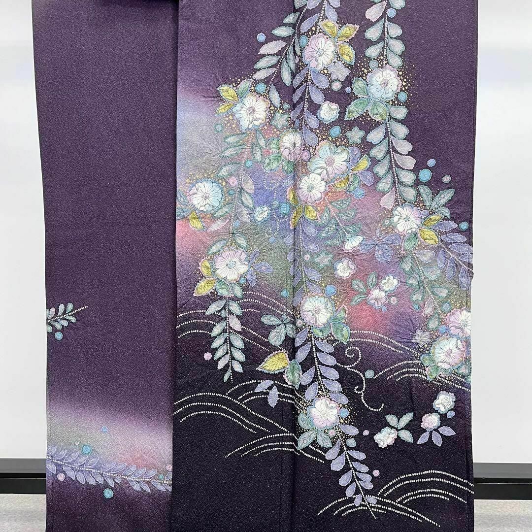 訪問着 美しい辻が花絞り パステル色の暈し 金彩 茄子紺色 K 訪問着 美しい辻が花絞り パステル色の暈し 金彩 茄子紺色 K