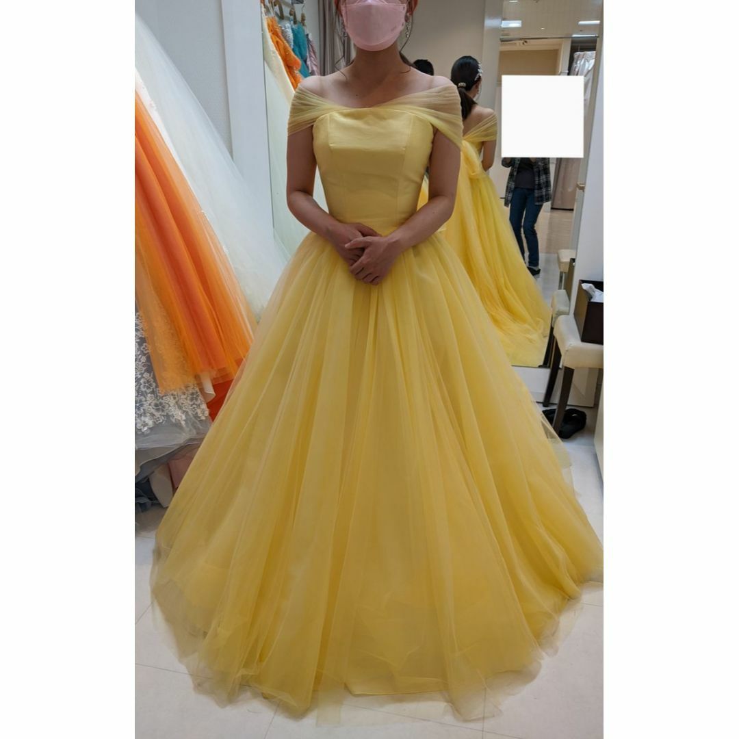 カラードレス イエロー オフショルダー バックリボン チュールスカート 花嫁